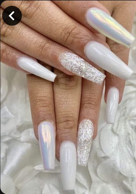 Snowflake Nail Ideas, Drawn Snowflakes, White Chrome Nails, Snow Nails, Silver Nail Designs, Snowflake Nail, White And Silver Nails, Tapered Square Nails, White Glitter Nails