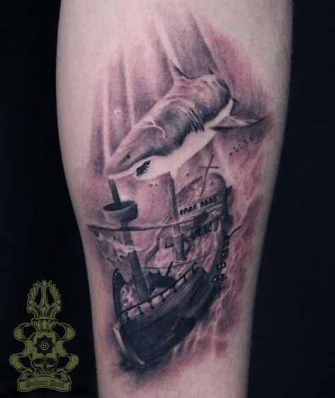 Shark and sunken ship Sunken Ship Tattoo, Ship Tattoo Sleeves, Ship Tattoos, Sunken Ship, Dove Tattoos, Tattoo Expo, Tattoo Pictures, Tattoo Prices, Shark Tattoos