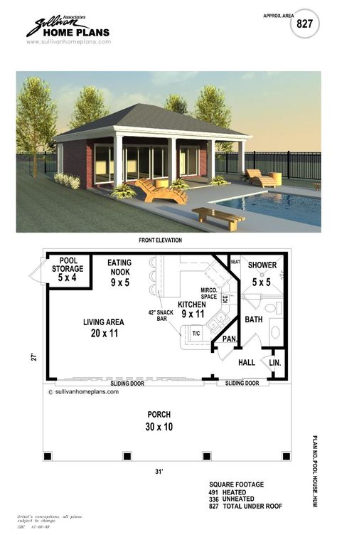 B1-0827-p Pool House Layout Plan, Pool House With Storage Plans, Mother In Law Pool House, Pool House In Law Suite, Air Bnb Building Ideas, Pool House Guest House Combo Plans, Pool House Layout Ideas, Pool House Designs Layout, Pool House Plans Guest Suite