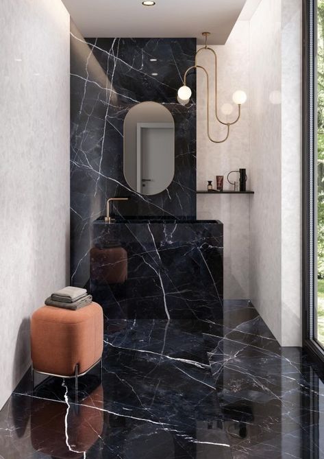 Via Marmi – Black Calacatta 43140 Bathroom With White Marble, Black Marble Bathroom, Porcelain Countertops, Marquina Marble, Nero Marquina Marble, Stone Facade, Nero Marquina, Quartz Surfacing, Black Porcelain