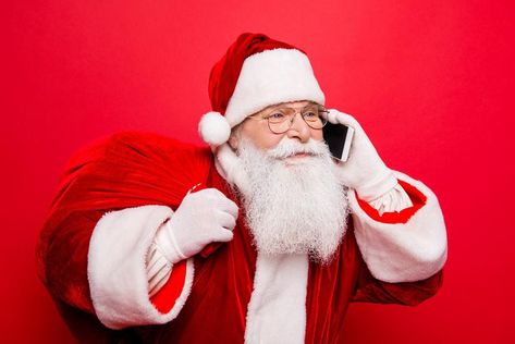 Santa Claus Talking on Phone Holding Bag of Presents Red Santa Claus Phone Number, Holiday Apps, Santa Phone, Santa Claus Pictures, Holding Phone, Crafts Homemade, Writing A Letter, Santa's Nice List, Phone Carrier