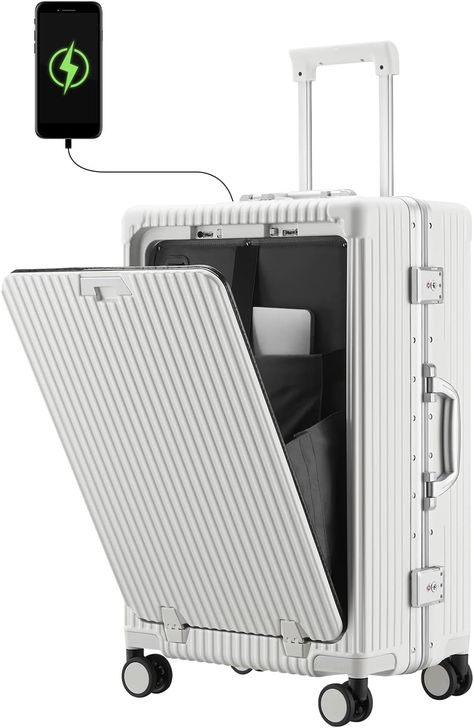 Multifunctional Suitcase: The luggage also features a built-in USB port and Type C port and an internal power bank compartment for easy charging on the go (Power bank not included).Hidden folding cup holder on the back of the suitcase, aluminum alloy handle design mobile phone holder, and hook on the side of the suitcase, allowing you to easily enjoy every trip. Checked Luggage, Tsa Approved, Carry On Suitcase, Suitcase Traveling, Mobile Phone Holder, Carry On Luggage, Aluminum Frame, Pharmacy Gifts, Phone Holder