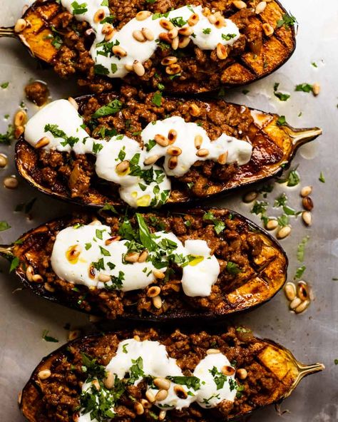 Easy Moroccan Stuffed Eggplant (beef or lamb) Stuffed Eggplant, Pumpkin Salad, Recipetin Eats, Recipe Tin, Baked Eggplant, Roast Eggplant, Lean Beef, Eggplant Recipes, Fresh Garlic