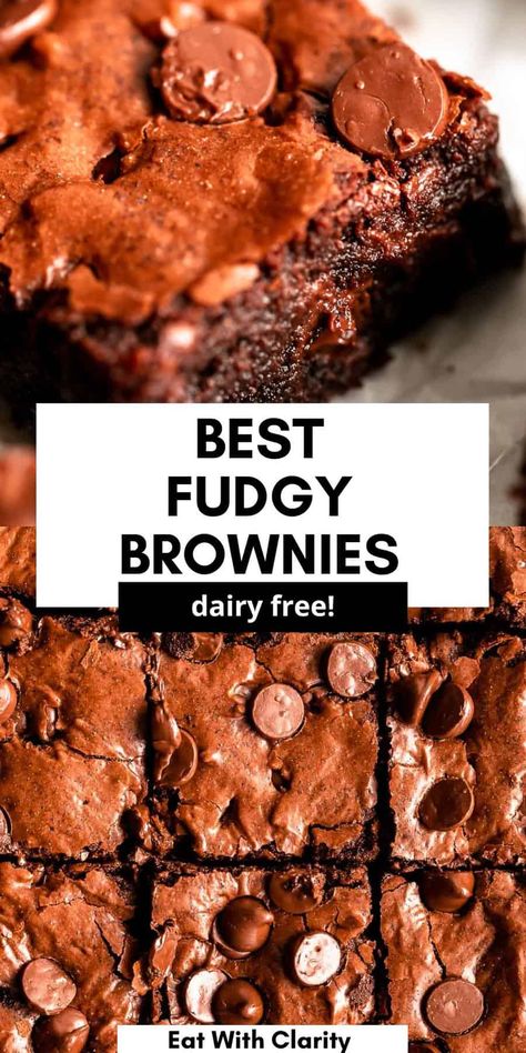 These coconut oil dairy free brownies are rich, fudgy and filled with chocolate chips. These gluten free brownies are so easy to make, gooey, fudgy and can be made refined sugar free. The perfect brownie recipe for a simple dessert! Brownie Recipes Dairy Free, Butter Free Brownies, Gf Df Brownies, Dairy Free Brownies Recipe, Gluten Free Dairy Free Brownies, 9x13 Brownie Recipe, Brownies Dairy Free, Gluten Free Brownie Recipe, Edible Crystals