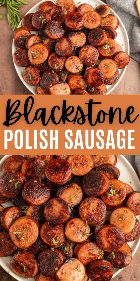 Blackstone Sausage, Polish Sausage Recipes, Kabasa Recipes, Outdoor Griddle Recipes, Griddle Cooking Recipes, Smoked Sausage Recipes, Outdoor Cooking Recipes, Polish Sausage, Grilled Meat Recipes