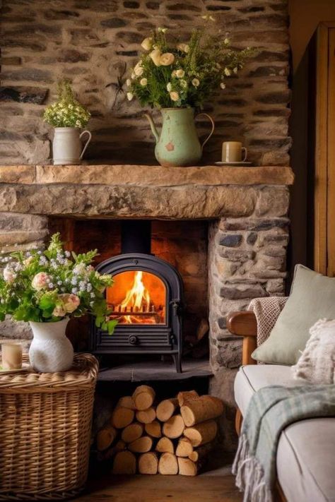 Fireplace Hearth Decor, Stone Fireplace Decor, Stone Fireplace Ideas, Classic Wood Floors, Rustic Stone Fireplace, Hearth Decor, Country Fireplace, Cottage Fireplace, Stacked Stone Fireplaces