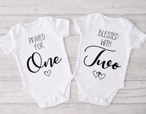 Twin Baby Bodysuit Set "Prayed for One, Blessed with Two", Twin Pregnancy Announcements, Baby Showers, Newborn, New Baby, Siblings Outfit Baby Siblings, Twin Pregnancy Announcement, Sibling Outfits, Pregnancy Announcements, Twin Pregnancy, Funny Baby Onesies, Plot Twist, Twin Babies, Funny Baby