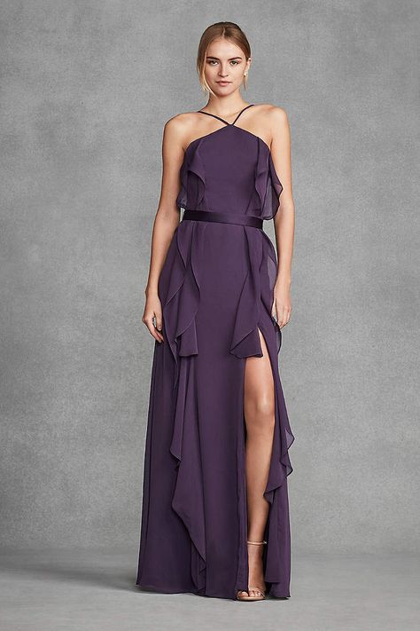 View Simple Halter High Neck Bridesmaid Dress at David's Bridal Bridesmaid Dresses Short Purple, High Neck Bridesmaid Dresses, Long Purple Dress, Lilac Bridesmaid, Smith Wedding, Lilac Bridesmaid Dresses, Sweetheart Bridesmaids Dresses, Purple Bridesmaid, Dress Code Wedding