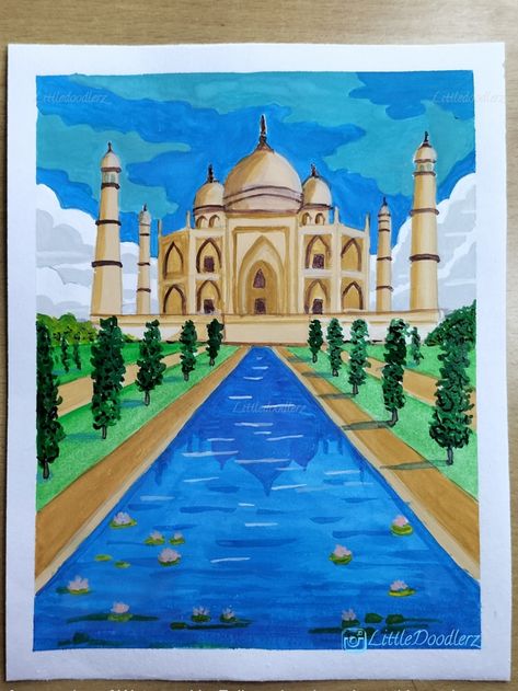 Drawing Of Monuments, Taj Mahal Painting Easy, My Favourite Monument Drawing, Taj Mahal Drawing Watercolor, Monuments Of India Drawing, Indian Monuments Paintings, Indian Monuments Drawings, Taj Mahal Painting, Taj Mahal Drawing