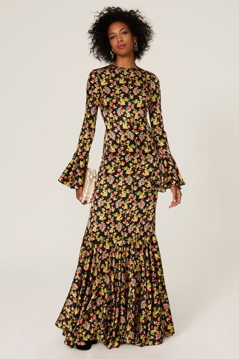 Creative Black Tie, Caroline Constas, Trumpet Gown, Guest Attire, Floral Gown, Rent The Runway, Flared Sleeves, Dress Codes, Guest Dresses