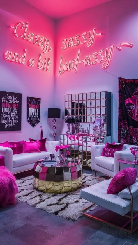 Elevate your living room style with these 22 baddie-approved ideas, perfect for social media moments! Gem Tone Living Room, Neon Living Room, Babe Cave Ideas, Baddie Living Room, Baddie Living Room Ideas, Content Room, Girly Office Decor, Edgy Decor, Podcast Room