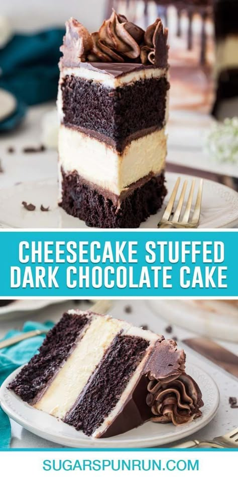 This Cheesecake Stuffed Cake consists of a classic cheesecake sandwiched between two decadent, fudgy dark chocolate cakes. It’s topped off with a marbled cream cheese frosting to make for one showstopping dessert! Chocolate Cheesecake Layer Cake, Chocolate Layer Cake With Cream Cheese Filling, Chocolate Cake And Cheesecake, Chocolate Layer Cake With Cream Cheese, Cake With Cheesecake Layer Middle, Chocolate Cream Cheesecake, Chocolate Cake Cheesecake Layer, Birthday Cake With Cheesecake Layer, Cheesecake Stuffed Chocolate Cake