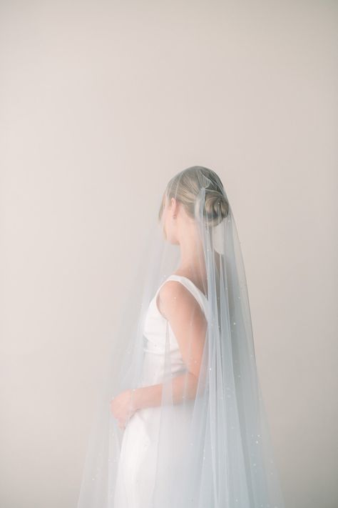 Exploring Veil Colors Beyond White Wedding Veils Over Face, Blue Veil Wedding, Rain Drop Veil, Light Blue Wedding Veil, Veil With Blue Flowers, Blue Floral Veil, Dew Drop Veil, Light Blue Veil, Lace Drop Veil