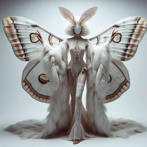 Mothwoman 🦋 #ai #aiartofinstagram #artificialintelligence #aiart #aiartcommunity #aiconceptart #aifashionphotography #aifashiondesign #aesthetic #moth #digitalekunst #digitalfashion #digitalphotoart #dalle3 #stablediffusion #fashion #conceptart #newmediaart White Fluffy Moth, White Moth Costume, Conceptual Fashion Design, Moth Photoshoot, Wings Covering Eyes, Alien Clothes Concept, Moth Inspired Outfit, Bird Inspired Fashion, Moth Halloween Costume