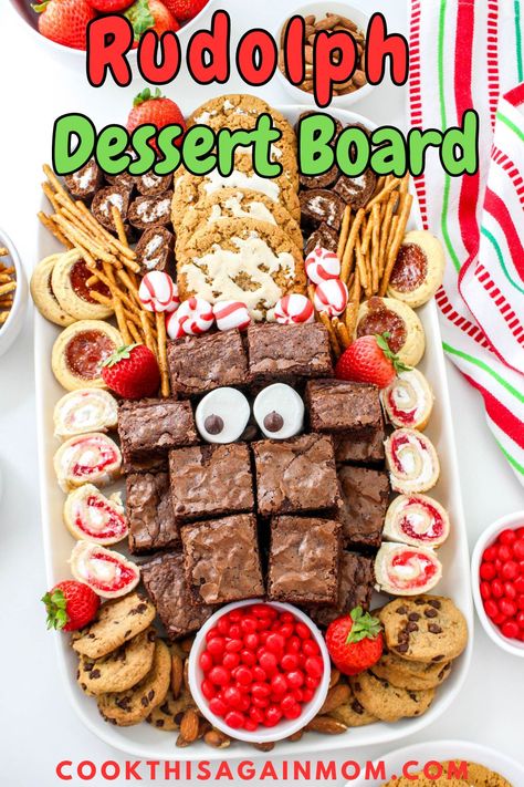 Create a Rudolph inspired Christmas Dessert Board for a fun & festive holiday season - brownies, cookies, candy & more! Candy Christmas Charcuterie Board, Cookie Boards For Parties, Christmas Desserts Board, Christmas Treat Charcuterie Board, Rudolph Party Food, Rudolph Charcuterie Board, Candy Board Christmas, Rudolph Themed Food, Dessert Christmas Charcuterie Board