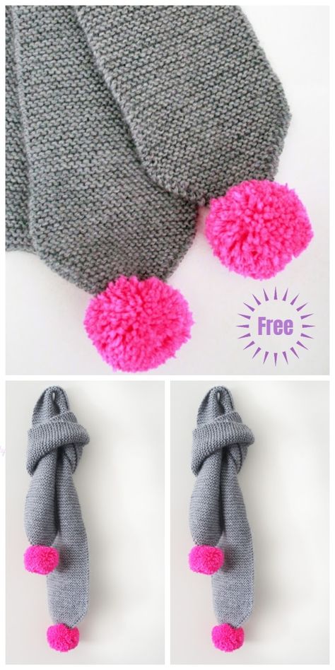 Easy Knit Garter Stitch Pom Pom Scarf Free Knitting Patterns Kids Scarf Knitting Pattern, Scarf Knitting Patterns Free, Kids Scarves Knit, Knitting Patterns Scarf, Free Easy Knitting Patterns, Knit Garter Stitch, Knitting Patterns Easy, Garter Stitch Scarf, Easy Scarf Knitting Patterns