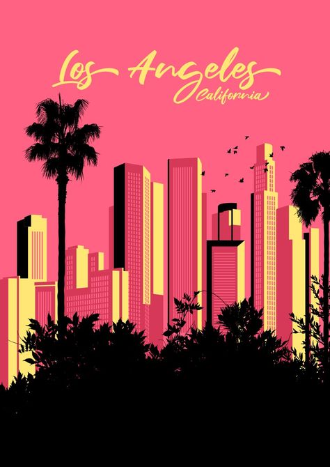 80s-inspired Los Angeles poster. Cool wall art. 80s Inspired Art, Los Angeles Artwork, Los Angeles Illustration, Los Angeles Drawing, Los Angeles Painting, California Posters, Lv Trunk, Voyage Sketchbook, La Marathon