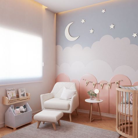 Baby Room on Behance Newborn Room Design, Baby Girl Nursery Mural, Baby Room Mural, Newborn Room, Baby Backdrop, Baby Room Themes, Kindergarten Design, Baby Zimmer