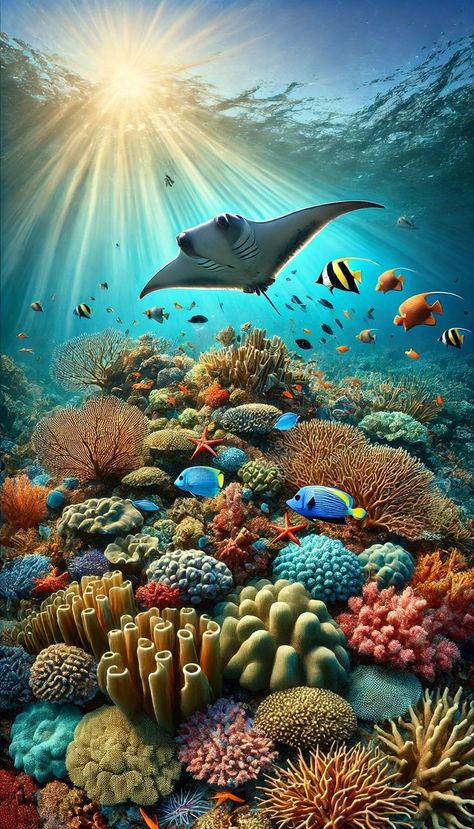 Reef Manta Ray, Coral Reef Images, Underwater Coral Reef Painting, Coral Reef Illustration, Neurodivergent Art, Coral Reef Pictures, Under The Sea Images, Underwater Pics, Underwater Ecosystem