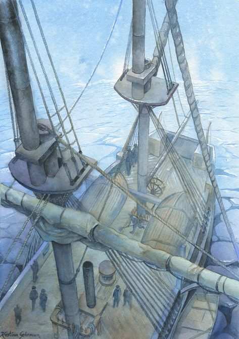 Arctic Seas by https://www.deviantart.com/kristinagehrmann on @DeviantArt Cabincore Aesthetic, Arctic Sea, Paintings Watercolor, Ship Drawing, Wacom Tablet, Ship Paintings, Watercolor On Paper, Professional Artist, Giclee Art