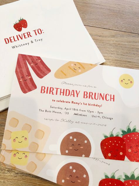 First birthday party ideas: brunch theme! 🥞🍓 Birthday Brunch 1st Birthday, 1st Birthday Brunch Ideas, 1st Birthday Brunch Theme, Breakfast Birthday Party Invitations, Brunch Themed First Birthday, Brunch 1st Birthday Party, 1st Birthday Breakfast Party, Breakfast Party Invitation, Brunch 2nd Birthday Party