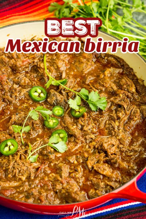 This traditional Mexican recipe is made with a beef chuck roast. It's simmered in peppers and seasonings until the meat is tender and flavorful. It has a robust flavor that isn't hot. Birria Tacos Dutch Oven, Dutch Oven Birria, Chuck Roast Tacos Dutch Oven, Birria Dutch Oven, Chuck Roast Crock Pot Recipes Mexican, Chuck Roast Birria, Birria Recipe Mexican Authentic, Traditional Mexican Food Recipes, Birria Recipes