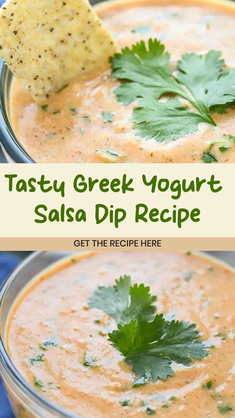 Indulge in a flavorful twist with our easy-to-make Greek yogurt salsa dip. This deliciously light and creamy dip perfectly blends the tanginess of Greek yogurt with the zesty flavors of fresh salsa. It's the ideal appetizer for your next gathering or snack time. The creamy texture of Greek yogurt adds a satisfying richness while the salsa brings a refreshing kick to every bite. Elevate your snacking experience with this simple yet delightful dip that is sure to be a crowd favorite! Greek Chicken Dip, Greek Yogurt Based Dips, Healthy Dips And Appetizers Clean Eating, Greek Yogurt Sauce For Chicken, Easy Greek Yogurt Recipes, Greek Yogurt Recipes Dinner, Greek Salsa Recipe, Yogurt Sauces, Greek Yogurt Fruit Dip