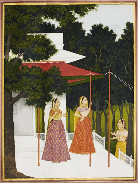 Mudhumadhavi Ragini, a Ragamala illustration, ascribed to Puran Nath (Hunhar II), provincial Mughal, Lucknow, circa third quarter 18th century, inscription in Persian above with description of the Ragini, inscribed in border below "amal-i Puran Nath musavvir". Lucknow City, Mughal Miniature, Mughal Miniature Paintings, Indian Traditional Paintings, 18th Century Paintings, South Asian Art, Indian Art Gallery, Mughal Paintings, Mughal Empire