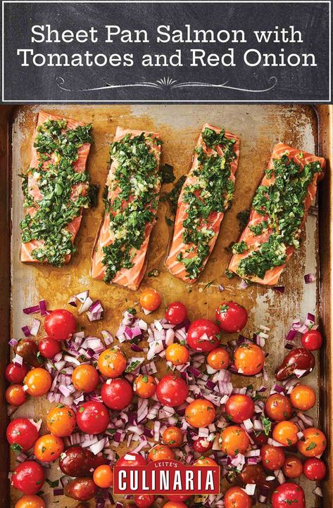 An effortless dinner that comes together in a snap without making a big mess. It's healthy but more importantly, it tastes divine. #sheetpan #salmon #gremolata Salmon With Tomatoes, Sheet Pan Salmon, Fancy Pizza, Pan Salmon, Red Onion Recipes, Easy Sheet Pan Dinners, Sheet Pan Suppers, Sheet Pan Dinners Recipes, One Pan Dinner