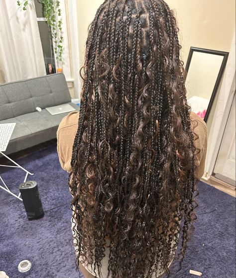 Bohemian Goddess Braids Ginger, Brown Braids Goddess, Black Braids Brown Curls, Black Goddess Braids With Brown Curls, Bohemian Braids Brown And Black, Bohohemian Braids, Braids With Curls Coming Out Of Them, Boho Mermaid Box Braids, Dark Brown Bohemian Braids