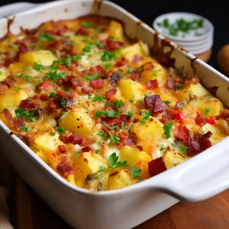 Bacon, Potato, and Egg Casserole Recipe - Good For Recipes Bacon Potato Egg Breakfast Casserole, Bacon And Egg Recipes, Canadian Bacon Recipes Breakfast, Egg And Bacon Casserole, Egg And Potato Casserole, Egg Casserole With Bread, Potato And Egg Casserole, Bacon Breakfast Casserole, Canadian Bacon Recipes