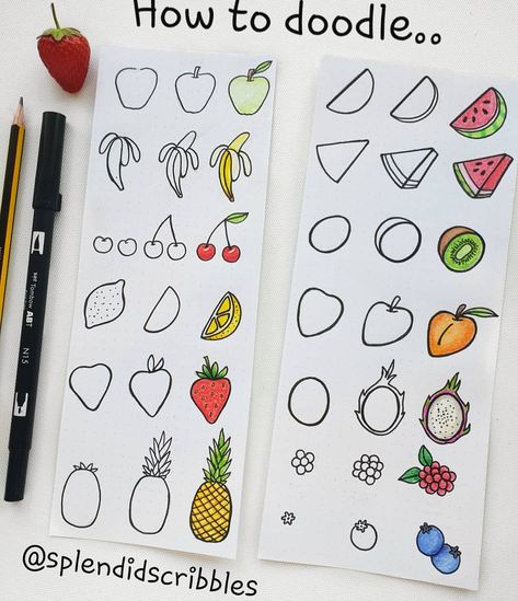 How to doodle 'fruit' 🍉🥝🍌 . Make sure you follow @splendidscribbles for more 'how to doodle' posts. . . . #fauxcalligraphy #handlettering… Trin For Trin Tegning, How To Doodle, Doodle Journal, Kunstjournal Inspiration, Journal Tutorials, Doodle Art For Beginners, Doodle Art Journals, Bullet Journal Mood, Bullet Journal Aesthetic