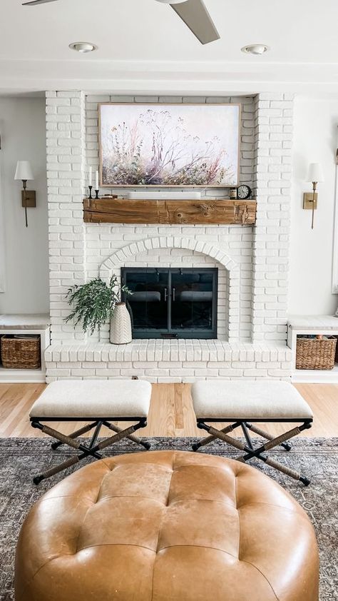 Fireplace Sconces Lighting, Lighting Without Wiring, Fireplace Sconces, Home Updates Diy, Beachy Farmhouse, Sconces Fireplace, White Brick Fireplace, Painted Brick Fireplaces, Condo Unit