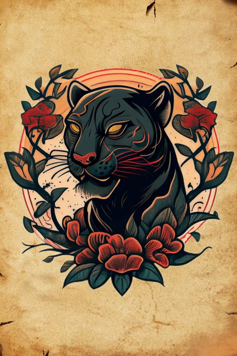 Looking for a tattoo that represents your inner strength and resilience? Our Panther Tattoo design features a bold and powerful image of the panther, symbolizing courage, determination, and endurance. Get it now as a tattoo or on Redbubble products and wear your strength on your skin. #TraditionalTattoo #PantherTattoo #Panther #PantherDesign #OldSchoolTattoo #AmericanTraditional / Traditional Tattoo, Panther Tattoo, Panther, Panther Design, Old School Tattoo, American Traditional Traditional Tattoo Panther, Panther Tattoo Design, Tattoo American Traditional, Traditional Panther Tattoo, Black Panther Tattoo, Panther Design, Jaguar Tattoo, African Tattoo, Panther Tattoo