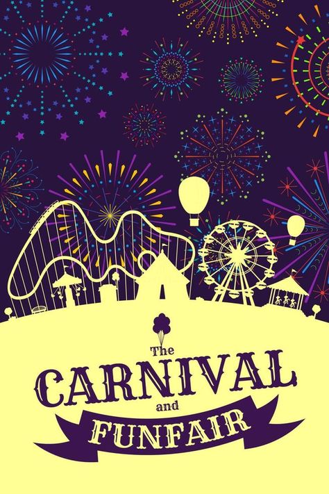 Carnival funfair banner with firework on night sky. Amusement park with circus, carousels, roller coaster, attractions on fireworks sparkles rays background. Fun fair festival vector eps poster Amusement Park Poster, Amusement Park Art, Fireworks Poster, Circus Carousel, Carnival Poster, Fair Aesthetic, Ig Design, Fireworks Night, Vector Snowflake