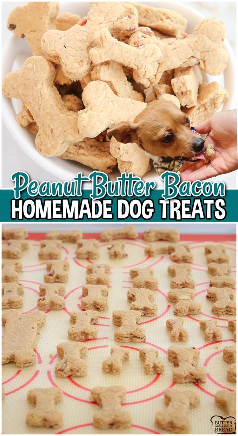 PEANUT BUTTER BACON DOG TREATS - Butter with a Side of Bread Bacon Peanut Butter Dog Treats, Maple Bacon Dog Treats, Diy Peanut Butter Dog Treats, Bacon Dog Treats Recipes, Homemade Oat Flour, Best Dog Treats, Peanut Butter Bacon, Bacon Treats, Pup Treats