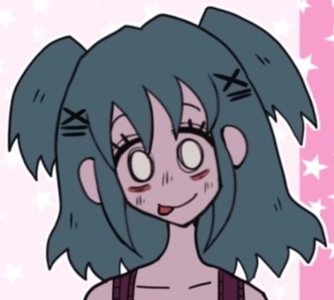 This image depicts a cartoon drawing of a girl named Lacey. She has dark teal, shoulder-length hair with a fringe, and two small pigtails on each side of her head, which is slightly tilted to the left. She is looking directly at the viewer, with wide, light colored eyes. She has a smile on her face and her tongue is sticking out slightly. Dress Up Wardrobe, Animecore Webcore, Gif Terror, Drawing Heads, Indie Horror, Game Icon, Game Play, Games For Girls, Indie Games