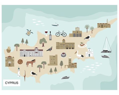 Cyprus Illustrated Map, Cyprus Island Poster, Cyprus Map Print, Travel Map, Island Wall Art, Wanderlust Design, Instant Download, Hand Drawn Cyprus Map Illustration, Map Of Cyprus, Cyprus Illustration, Cyprus Art, Travel Stickers Printable, Cyprus Map, Wanderlust Design, Cyprus Flag, Cyprus Island