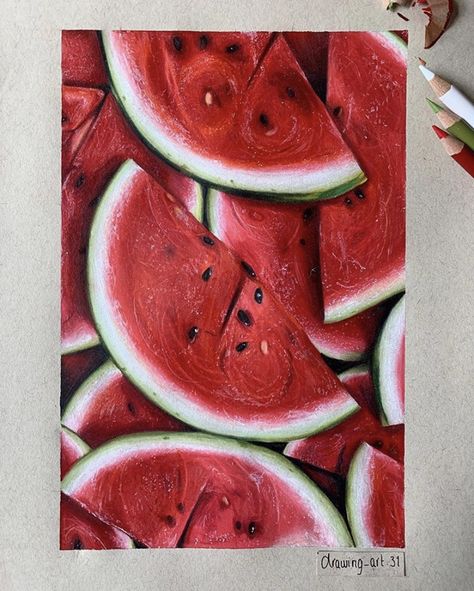 Realistic Food Drawings, Drawings Colored Pencils Ideas, Realistic Fruit Drawing, Color Pencil Art Realistic, Realistic Drawings Colored Pencils, Colored Pencil Artwork Ideas, Watermelon Drawing, Fruit Art Drawings, Colored Pencil Art Projects