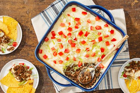 Enjoy the delicious taste of donair in a cheesy baked dip topped with shredded lettuce, diced onion, and tomato. Dip tortilla chips or baked pita slices. Hot Donair Dip Recipe, Donair Dip Recipes, Donair Dip, Baked Dip, Baked Dips, Tomato Dip, Food Inc, Cooking Dishes, Easy Healthy Meal Prep