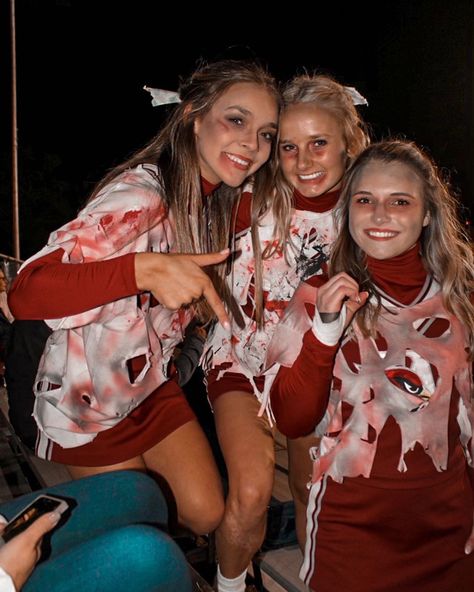 Zombie Cheerleader Costume Makeup, Halloween Football Theme, Halloween Football Game Theme, Zombie Cheerleader Makeup, Cheerleader Zombie, Halloween Cheerleader, Highschool Cheer, Zombie Cheerleader Costume, Cheerleader Halloween