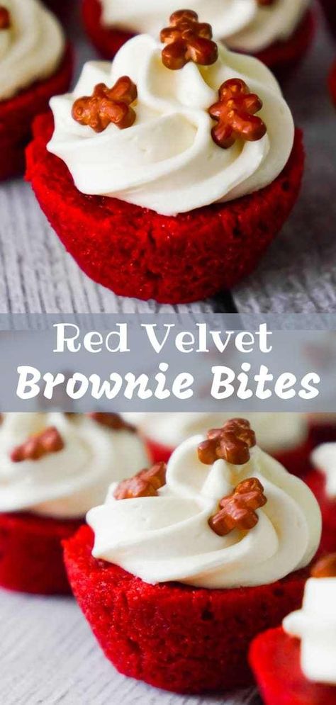 Red Velvet Brownie Bites are delicious mini desserts perfect for the holidays. These bite sized brownies are baked in mini muffin tins and topped with cream cheese frosting. Mini Muffin Tin Recipes, Red Velvet Brownies, Mini Dessert Recipes, Bite Size Cookies, Jaffa Cake, Homemade Snickers, Dessert Bites, Muffin Tin Recipes, Bite Size Desserts