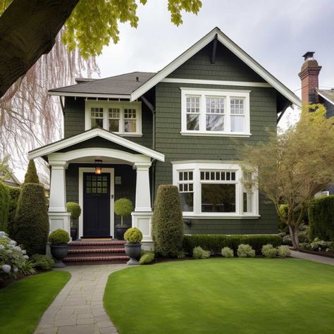 3+ Dark Green Exterior House Color Ideas for a Nature-Inspired Home • 333+ Art Images Green House With Cedar Accents, Green And Cream Exterior House Colors, Green Shed Colors, Uk Home Exterior, Sw Pewter Green Exterior, Green Paint Exterior House, Green House Exteriors, Dark House Colors Exterior, Green House Brown Trim