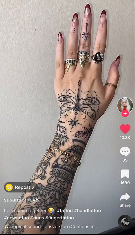 Steampunk Hand Tattoo, Never Knows Best Tattoo, Tattoo Ideas Mystical, Hand Tattoos Full Coverage, Pagan Tattoos For Women, Geometric Hand Tattoos For Women, Hand And Forearm Tattoo Women, Womans Hand Tattoo, Moth Hand Tattoos For Women