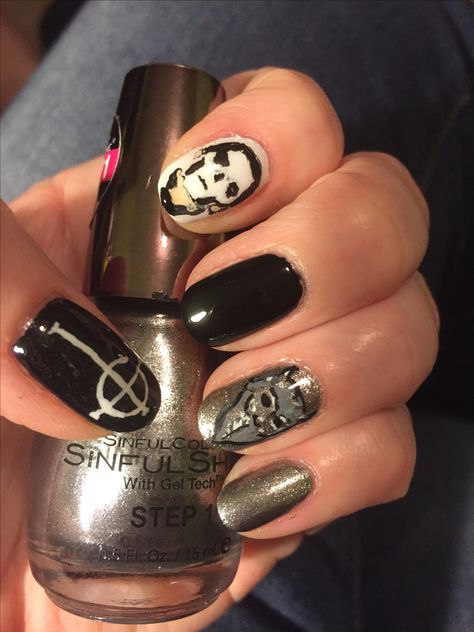 Hand painted nail art by anglodaisy. #ghost band Papa Emeritus  Nameless Ghouls Ghost Band Design, Ghost The Band Nails, Ghost Band Inspired Nails, Ghost Band Nail Art, Ghost Band Outfit Ideas, Ghost Band Painting, Ghost Bc Nails, Ghost Band Makeup, Ghost Band Outfit