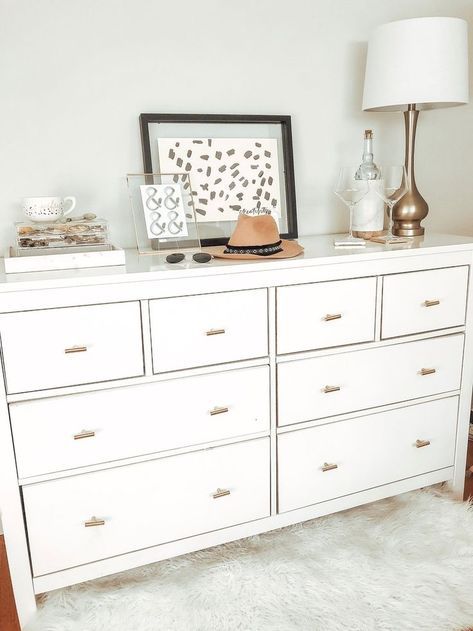 diy home 24 white bedroom furniture sets that look comfortable 13 Ikea Dresser Bedroom Furnitu Bedroom Decor Ikea, Diy Ikea Dresser, Diy Gold Decor, Bedroom Decor White, Dresser Ikea, White Bedroom Set Furniture, Hemnes Dresser, Gold Bedroom Decor, Diy Furniture Cheap