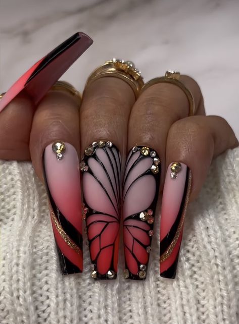 Butterfly Nail Designs Acrylic, Red Butterfly Nails, Nail Art For Short Nails, Art For Short Nails, Stilleto Nails Designs, Butterfly Nail Designs, Press On Nails Long, Dainty Butterfly, Halloween Press On Nails