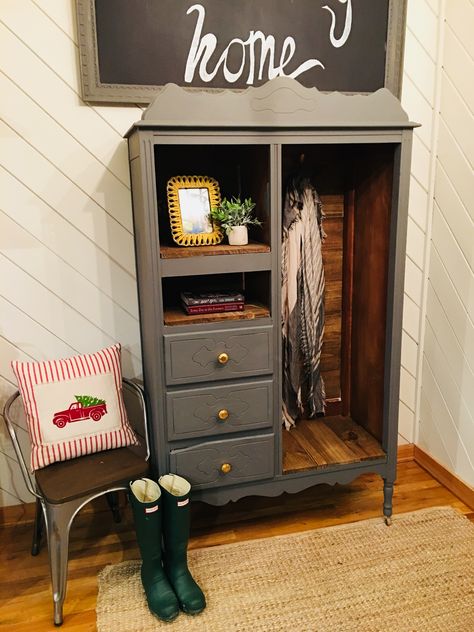 Wardrobe Redo Furniture, Wardrobe Furniture Flip, Refurbished Wardrobe Ideas, Chiffarobe Makeover, Refinished Wardrobe, Chifferobe Makeover Ideas, Antique Armoire Makeover, Antique Wardrobe Makeover, Upcycled Wardrobe Ideas