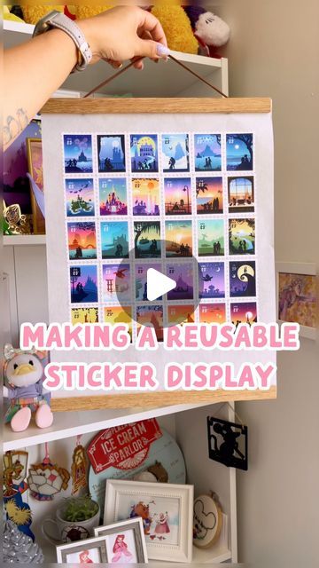 Wish Upon Magic - Ada on Instagram: "How to make a reusable sticker display to show off your sticker collection! 🤩 Pin collectors show off their collection on a pin board, why can’t we have a display board for stickers too?! 👇🏼👇🏼👇🏼  Materials: I used parchment paper because it’s coated with non-stick silicone (most “non-stick” baking sheets should work too) and a snap on magnetic poster board.   How it works: Silicone is the same coating on the backing paper that stickers come on, so silicone parchment paper allows you to you easily peel and reuse the stickers on another surface later! Now I’ve got another excuse to make and collect more stickers 🤣  How to put it together: First, take one sheet of silicone parchment paper ✌🏼 Plan and arrange all your stickers- this is the fun part Displaying Stickers For Sale, Sticker Uses Ideas, Sticker Collage Display, Sticker Placement Ideas, Sticker Board Ideas, Sticker Display Ideas Wall Art, How To Display Stickers, Sticker Display Ideas Retail, Diy Sticker Display