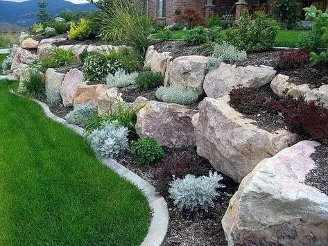 Rock Wall Landscape, Backyard Hill Landscaping, Rock Wall Gardens, Boulder Retaining Wall, Sloped Backyard Landscaping, Terraced Landscaping, Landscaping A Slope, Landscaping On A Hill, Sloped Yard